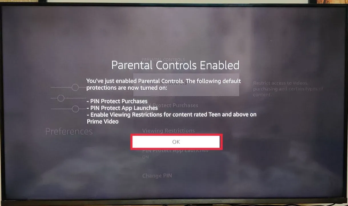 Image showing pop-up message stating Parental Controls Enabled